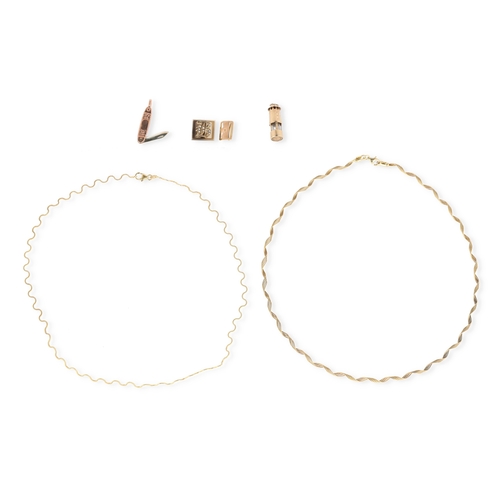 40 - TWO 9CT GOLD NECKLACES OF SCROLLING FORM, TOGETHER WITH TWO GOLD PENDANTS, ONE A MINER'S LAMP THE OT... 
