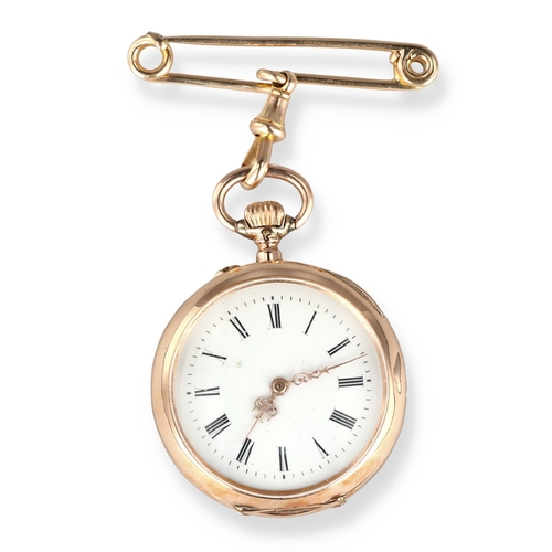 43 - A 14CT GOLD FOB WATCH ON 15CT GOLD PIN
Weight: 30.8gms