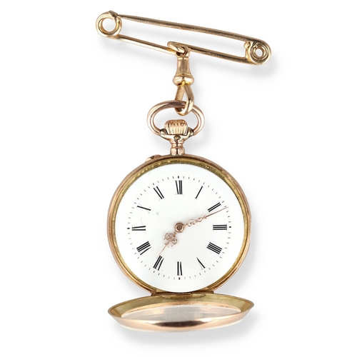 43 - A 14CT GOLD FOB WATCH ON 15CT GOLD PIN
Weight: 30.8gms