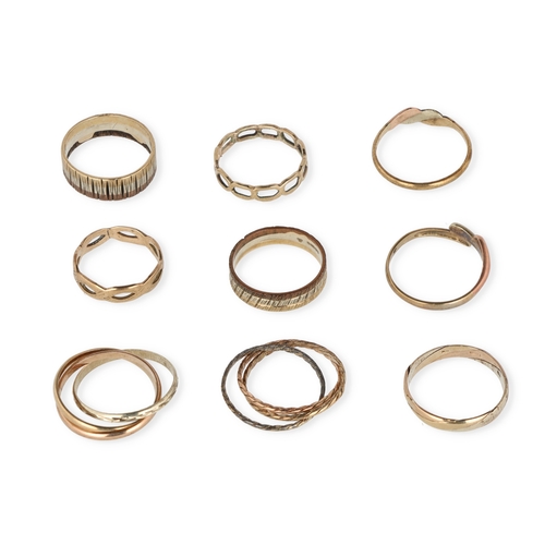 45 - TWO 9CT THREE COLOUR GOLD RUSSIAN WEDDING RINGS, AND SEVEN OTHER 9CT RINGS OF VARYING DESIGN
Gross w... 