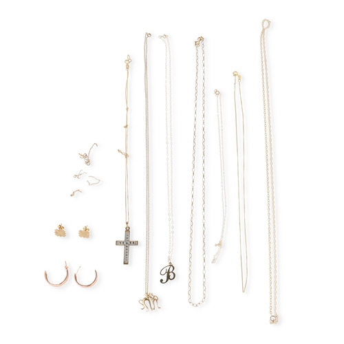 49 - SEVEN 9CT GOLD NECK CHAINS OF VARYING DESIGN, THREE WITH PENDANTS, TOGETHER WITH TWO PAIRS OF 9CT GO... 