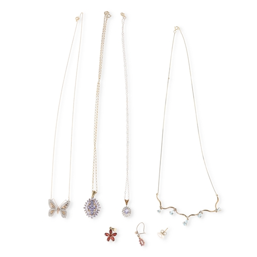 51 - A 9CT GOLD NECKLACE, CENTREPIECE SET WITH SMALL DIAMOND AND BLUE STONES, TOGETHER WITH A 9CT GOLD NE... 