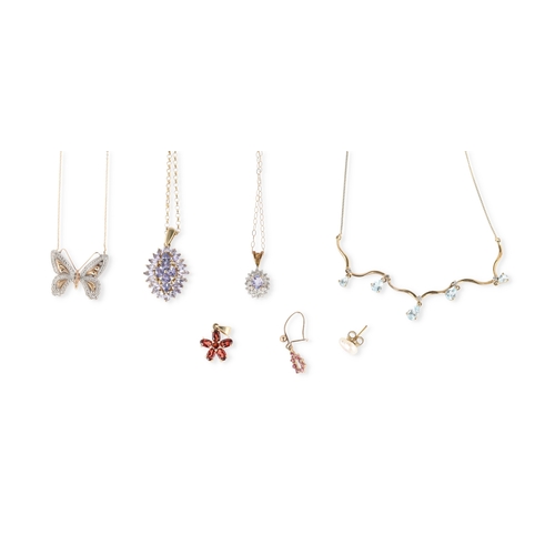 51 - A 9CT GOLD NECKLACE, CENTREPIECE SET WITH SMALL DIAMOND AND BLUE STONES, TOGETHER WITH A 9CT GOLD NE... 