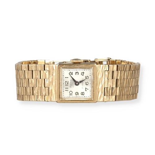 15 - A LADIES RONE INCABLOC 9CT GOLD WRISTWATCH AND STRAP
Weight: 33.2gms