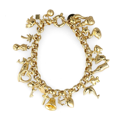 17 - A 9CT GOLD CHARM BRACELET
Clasp stamped '375'.
One charm set with little diamond.
Weight: 18.5gms
Wi... 