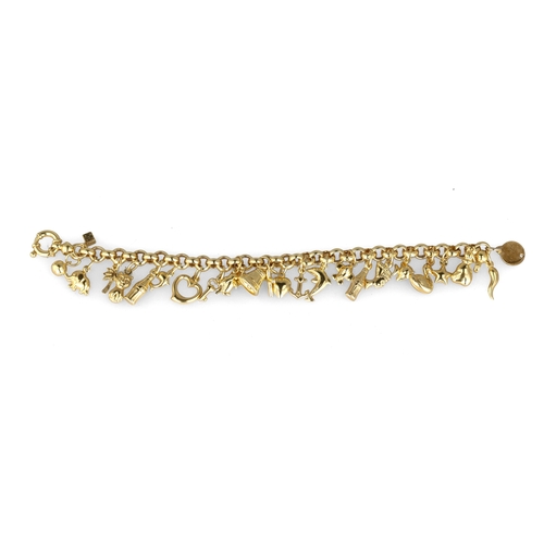 17 - A 9CT GOLD CHARM BRACELET
Clasp stamped '375'.
One charm set with little diamond.
Weight: 18.5gms
Wi... 