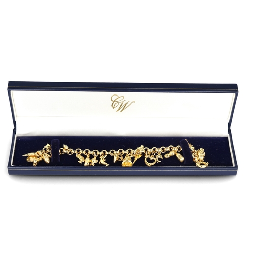 17 - A 9CT GOLD CHARM BRACELET
Clasp stamped '375'.
One charm set with little diamond.
Weight: 18.5gms
Wi... 