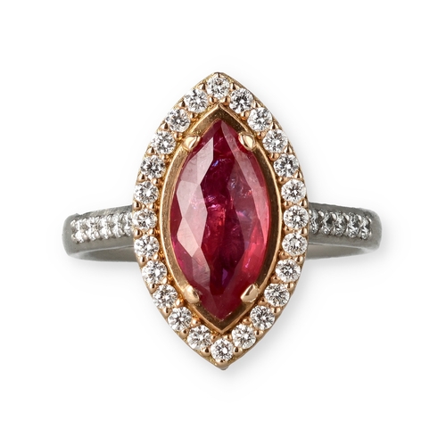 2 - A MODERN 18 CARAT WHITE GOLD AND PLATINUM RUBY AND DIAMOND RING
The marquise cut ruby, weight 2.32ct... 