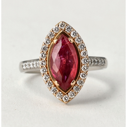 2 - A MODERN 18 CARAT WHITE GOLD AND PLATINUM RUBY AND DIAMOND RING
The marquise cut ruby, weight 2.32ct... 
