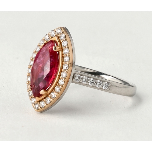 2 - A MODERN 18 CARAT WHITE GOLD AND PLATINUM RUBY AND DIAMOND RING
The marquise cut ruby, weight 2.32ct... 