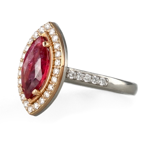 2 - A MODERN 18 CARAT WHITE GOLD AND PLATINUM RUBY AND DIAMOND RING
The marquise cut ruby, weight 2.32ct... 