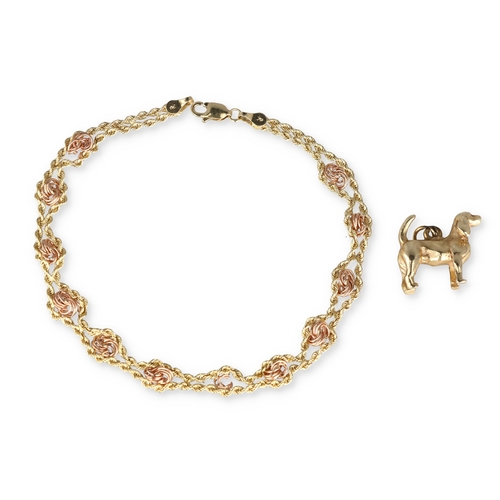 22 - A MODERN 14 CARAT TWO-COLOUR GOLD BRACELET WITH TWISTED LINKING TOGETHER WITH A 14CT GOLD PENDANT
14... 