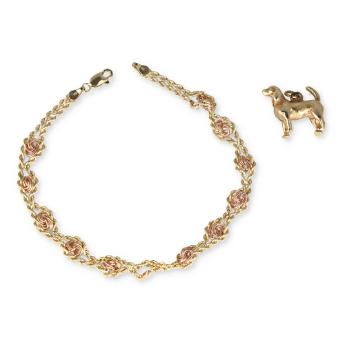 22 - A MODERN 14 CARAT TWO-COLOUR GOLD BRACELET WITH TWISTED LINKING TOGETHER WITH A 14CT GOLD PENDANT
14... 