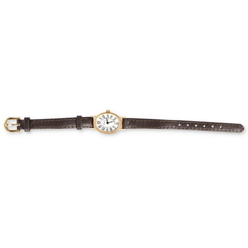 27 - A LADIES 18CT GOLD LONGINES WRIST WATCH SET WITH DIAMONDS
With brown leather strap
Gross weight incl... 