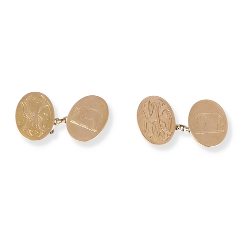 28 - A PAIR OF LATE VICTORIAN 15CT GOLD CUFFLINKS, EACH ENGRAVED WITH AN ELEPHANT
Total weight: 8.5gms... 