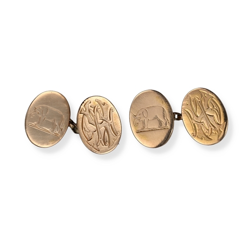 28 - A PAIR OF LATE VICTORIAN 15CT GOLD CUFFLINKS, EACH ENGRAVED WITH AN ELEPHANT
Total weight: 8.5gms... 
