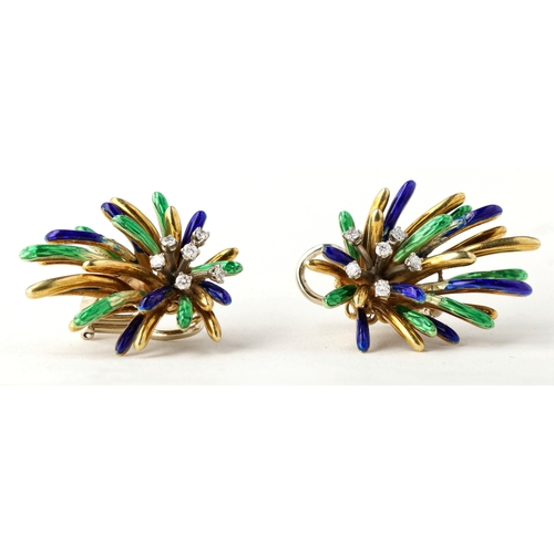 3 - A PAIR OF VINTAGE 18CT GOLD, DIAMOND AND ENAMEL EARRINGS
From the 1960s/1970s.
23.4 gms... 