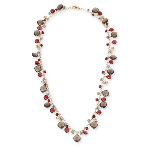32 - A 14 CARAT GOLD GARNET AND SMOKEY QUARTZ NECKLACE
The oval links hung with alternating facet cut sto... 