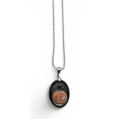 47 - BABETTE WASSERMAN: AN ART DECO STYLE ROSE PENDANT WITH ITALIAN 18CT WHITE GOLD CLASP AND CHAIN
Total... 