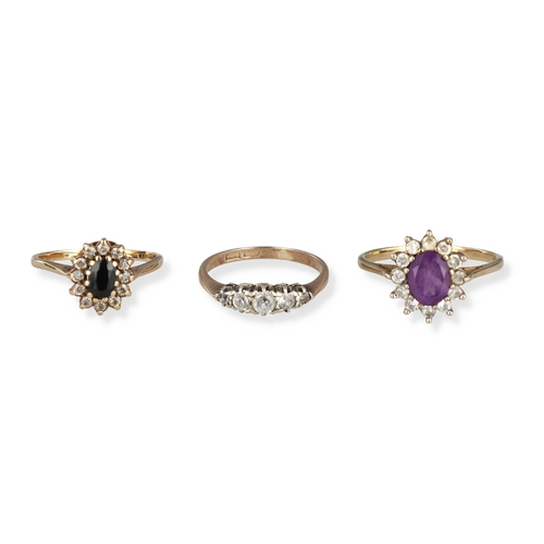 51 - A GOLD SAPPHIRE CLUSTER RING TOGETHER WITH A 9CT GOLD AMETHYST CLUSTER RING AND ANOTHER 9CT GOLD FIV... 