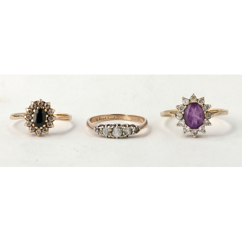 51 - A GOLD SAPPHIRE CLUSTER RING TOGETHER WITH A 9CT GOLD AMETHYST CLUSTER RING AND ANOTHER 9CT GOLD FIV... 
