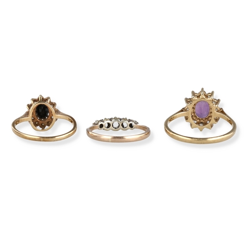 51 - A GOLD SAPPHIRE CLUSTER RING TOGETHER WITH A 9CT GOLD AMETHYST CLUSTER RING AND ANOTHER 9CT GOLD FIV... 