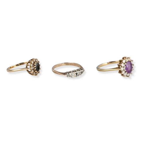 51 - A GOLD SAPPHIRE CLUSTER RING TOGETHER WITH A 9CT GOLD AMETHYST CLUSTER RING AND ANOTHER 9CT GOLD FIV... 