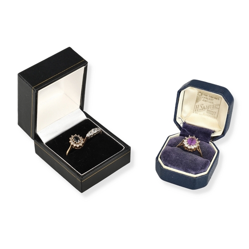 51 - A GOLD SAPPHIRE CLUSTER RING TOGETHER WITH A 9CT GOLD AMETHYST CLUSTER RING AND ANOTHER 9CT GOLD FIV... 
