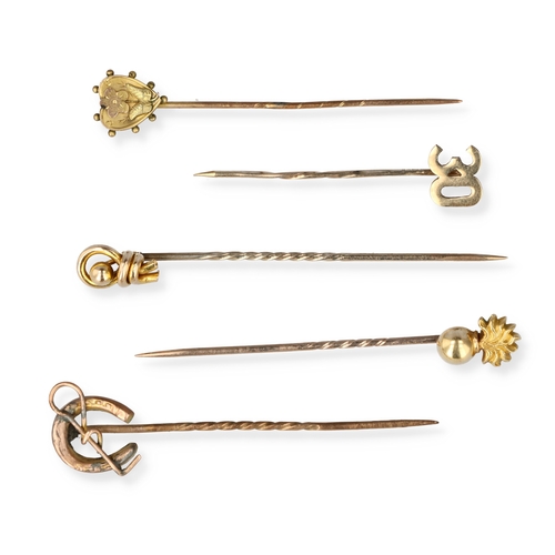 53 - A GROUP OF FIVE 9CT GOLD STICK PINS
Total weight: 6.0gms