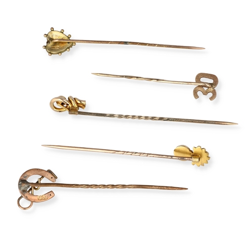 53 - A GROUP OF FIVE 9CT GOLD STICK PINS
Total weight: 6.0gms