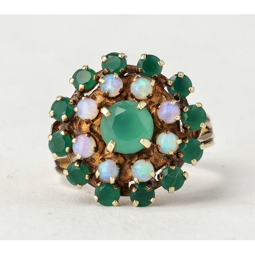 67 - A 14CT GOLD CLUSTER RING SET WITH EMERALDS AND OPALS
Weight: 4.7gms