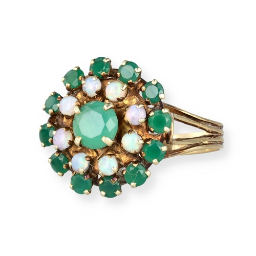 67 - A 14CT GOLD CLUSTER RING SET WITH EMERALDS AND OPALS
Weight: 4.7gms