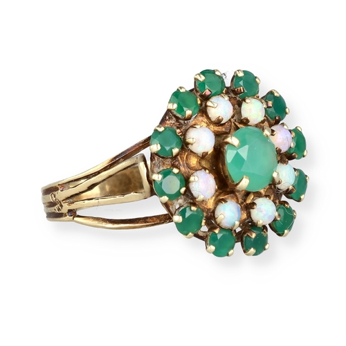 67 - A 14CT GOLD CLUSTER RING SET WITH EMERALDS AND OPALS
Weight: 4.7gms