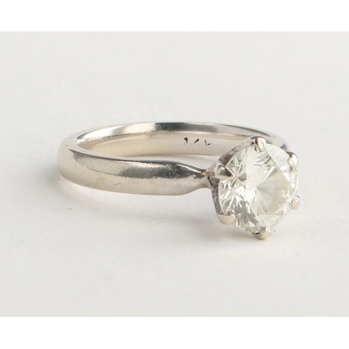 67C - A SOLITAIRE DIAMOND RING, 1.50CT SET IN 18CT WHITE GOLD
Weight: 3.6gms
Colour approximately K/L, cla... 
