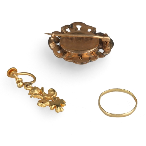 74 - A GOLD RING, MOURNING BROOCH WITH LOCK OF HAIR, AND GOLD GEM SET EARRING
Total weight: 8.9gms... 