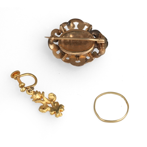 74 - A GOLD RING, MOURNING BROOCH WITH LOCK OF HAIR, AND GOLD GEM SET EARRING
Total weight: 8.9gms... 