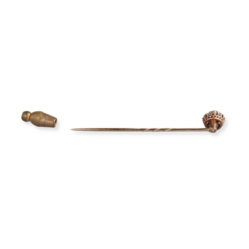 84 - A 9CT GOLD STICK PIN WITH RUBY AND DIAMOND CLUSTER
Weight: 1.7gms
In tooled leather box by Lloyd Law... 
