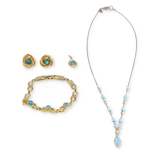 87 - A 9CT GOLD OPAL PENDANT, TOGETHER WITH A PAIR OF OPAL EARRINGS, AN OPAL BRACELET AND AN OPAL NECKLAC... 
