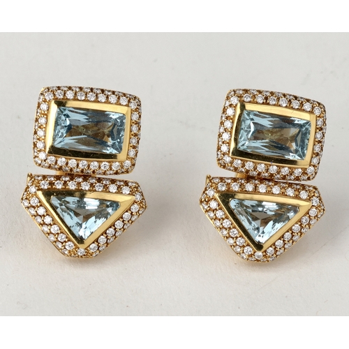 94 - A PAIR OF 18CT GOLD AQUAMARINE AND DIAMOND EARRINGS BY CORUM
Total weight: 23.5 gms