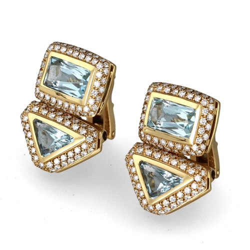94 - A PAIR OF 18CT GOLD AQUAMARINE AND DIAMOND EARRINGS BY CORUM
Total weight: 23.5 gms