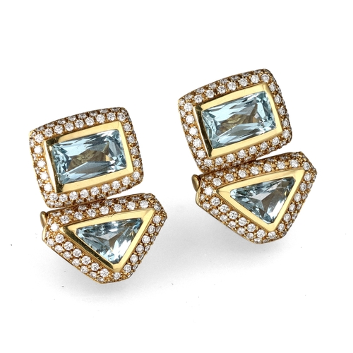 94 - A PAIR OF 18CT GOLD AQUAMARINE AND DIAMOND EARRINGS BY CORUM
Total weight: 23.5 gms