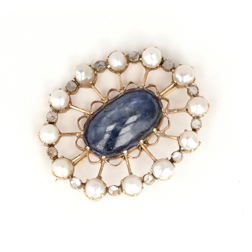 30 - A GOLD, PEARL AND DIAMOND BROOCH, CENTER STONE POSSIBLY A SAPPHIRE
Weight: 12.5 gms