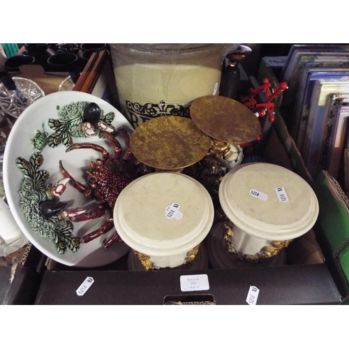 253 - A selection of miscellaneous items to include a large stoneware bread bin, ornate candle holders, a ... 