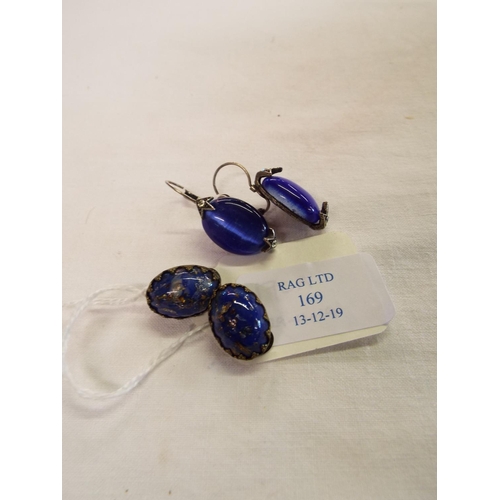 169 - A pair of vintage blue opal cabochon seat clip on earrings together with a pair of Lapis Lazuli cabo... 