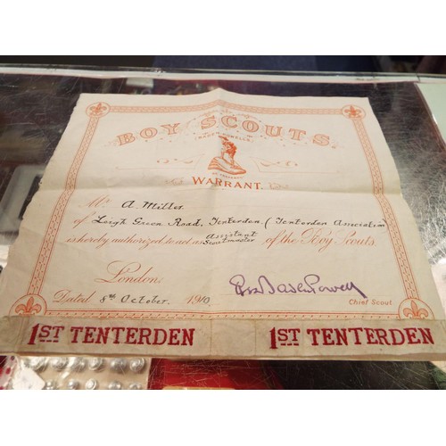 77 - A selection of Kent Home Guard Insignia an LDV arm band, WWII Boy Scouts woolen shirt, badge and boo... 