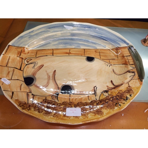 16 - A Stephen Duffy 1975 Iden Pottery meat platter with pig decoration