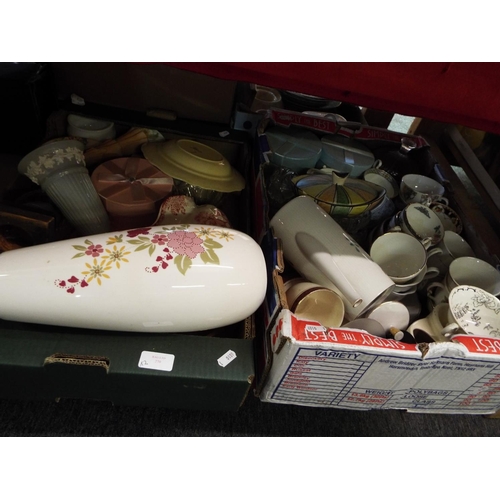 270 - A mixed selection of china and glass in two boxes to include crested-ware, Hampton Ivory, Royal Vale... 