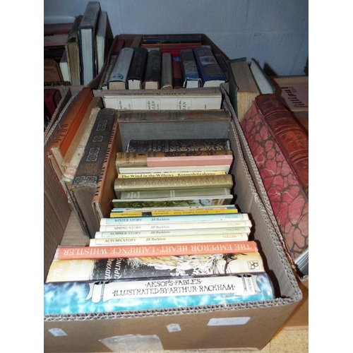 342 - Two boxes of novels and children's books to include Rudyard Kipling, Brambley Hedge, Pamela Frankau ... 