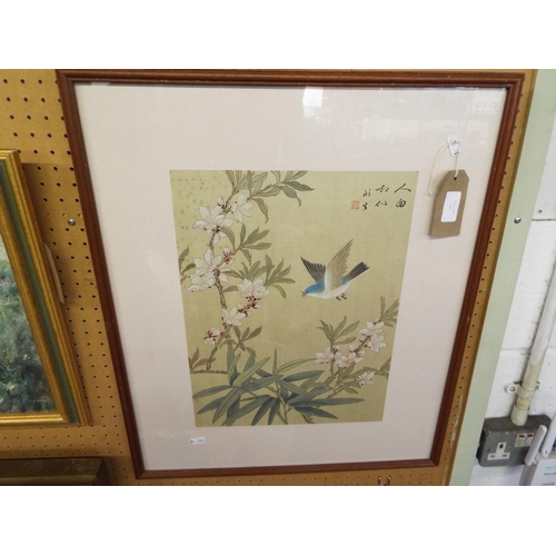 346 - A signed Oriental picture printed on silk with blossoms, birds etc