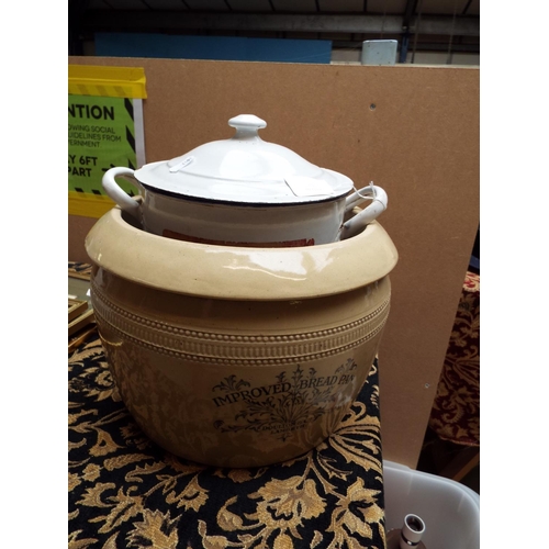 423 - A Doulton Lambeth Improved bread bin, an enamel bread bin and a Sadler biscuit barrel